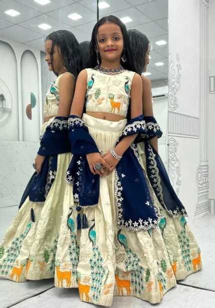 Peacock Design Thread Sequence Embroidered Kids Wedding Lehenga With Purse