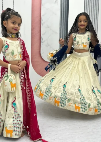Peacock Design Thread Sequence Embroidered Kids Wedding Lehenga With Purse