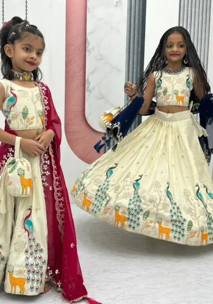 Peacock Design Thread Sequence Embroidered Kids Wedding Lehenga With Purse