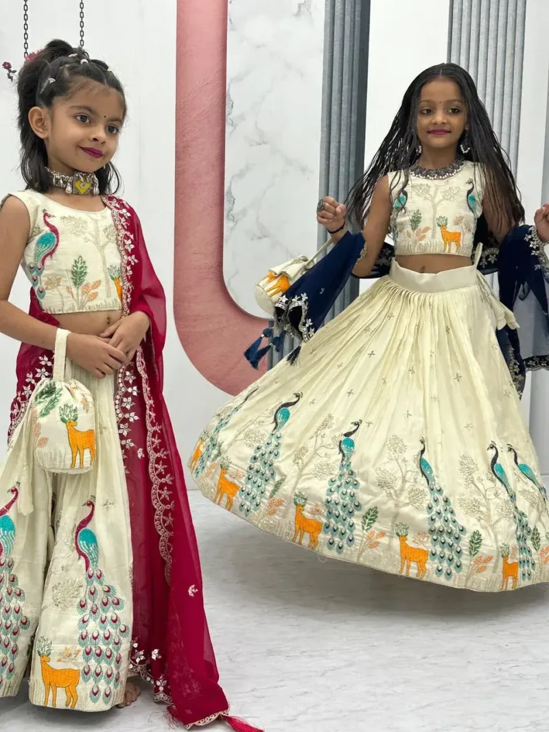 Peacock Design Thread Sequence Embroidered Kids Wedding Lehenga With Purse