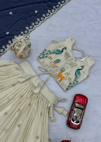 Peacock Design Thread Sequence Embroidered Kids Wedding Lehenga With Purse