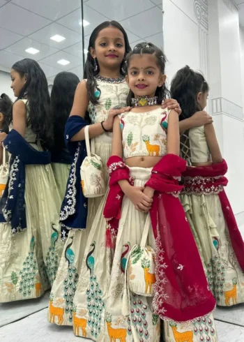 Peacock Design Thread Sequence Embroidered Kids Wedding Lehenga With Purse