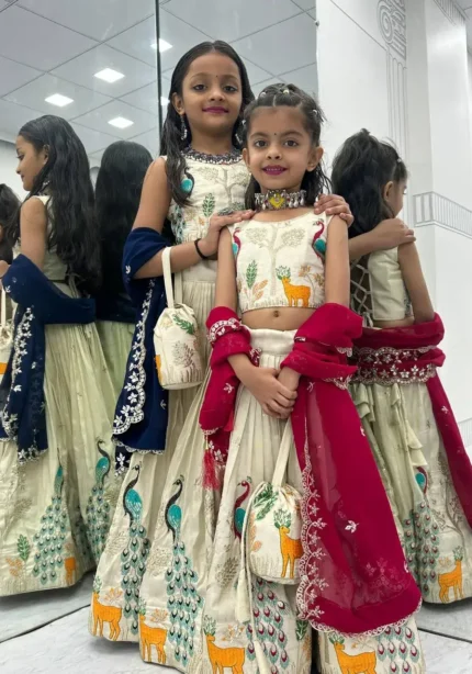 Peacock Design Thread Sequence Embroidered Kids Wedding Lehenga With Purse