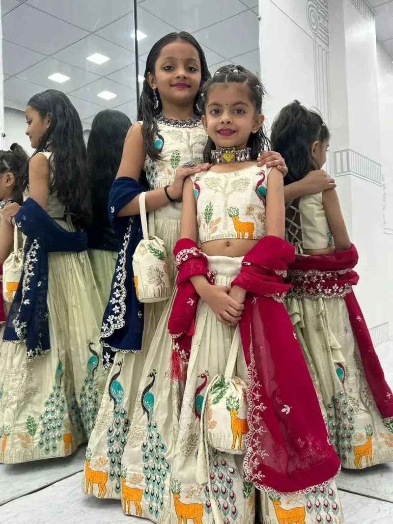 Peacock Design Thread Sequence Embroidered Kids Wedding Lehenga With Purse