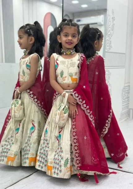 Peacock Design Thread Sequence Embroidered Kids Wedding Lehenga With Purse