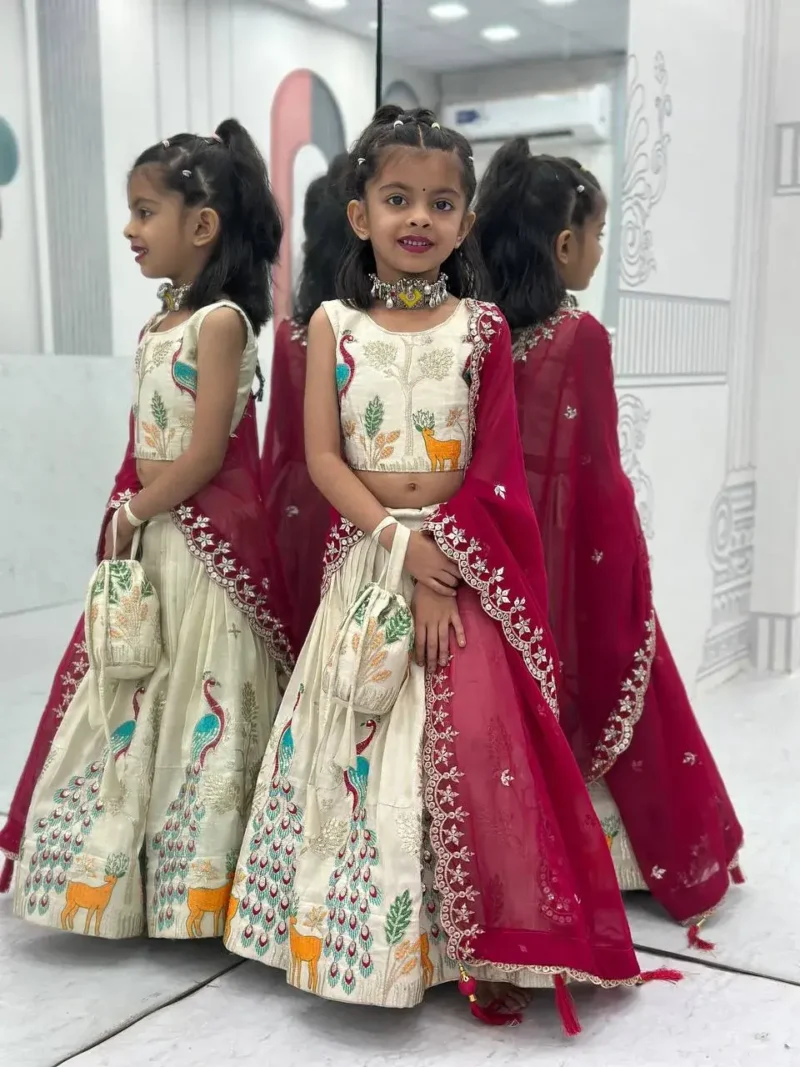 Peacock Design Thread Sequence Embroidered Kids Wedding Lehenga With Purse