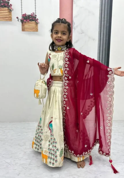 Peacock Design Thread Sequence Embroidered Kids Wedding Lehenga With Purse