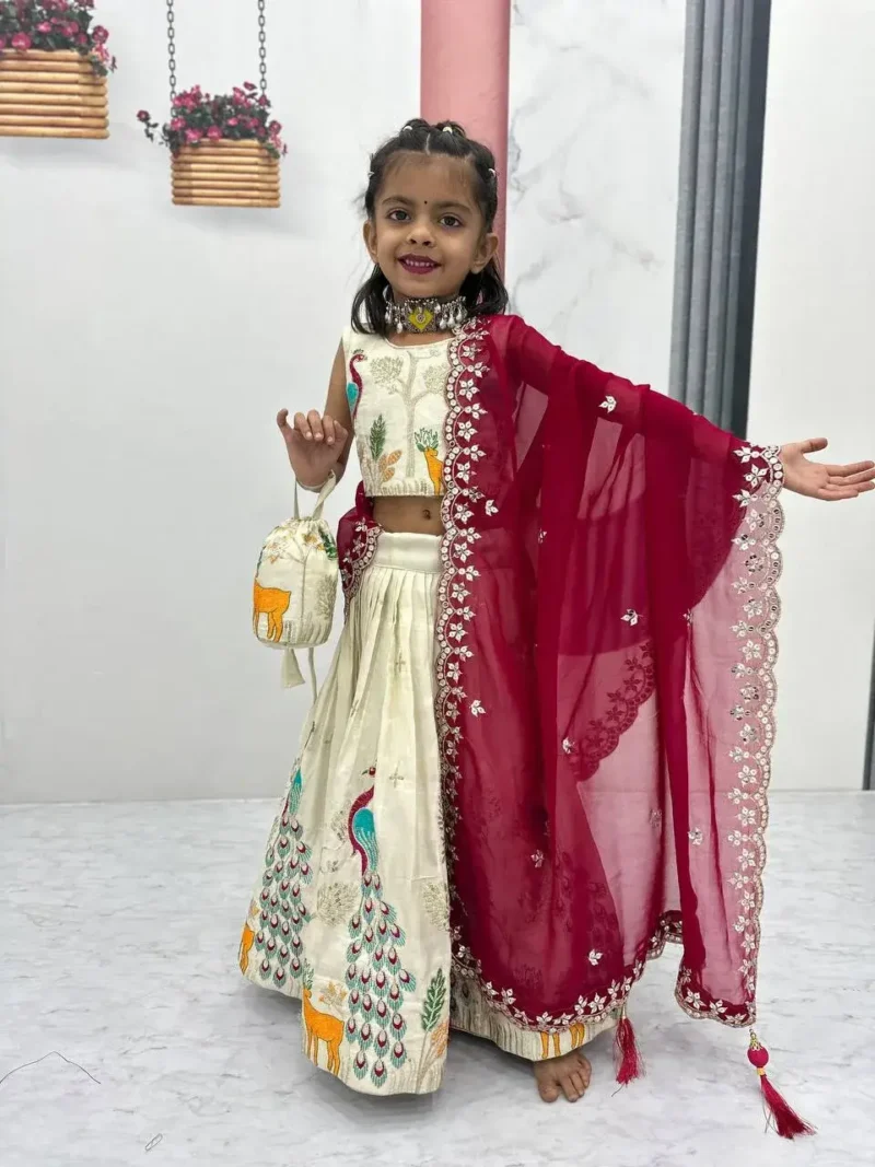 Peacock Design Thread Sequence Embroidered Kids Wedding Lehenga With Purse