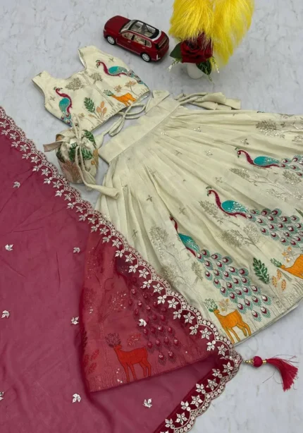 Peacock Design Thread Sequence Embroidered Kids Wedding Lehenga With Purse