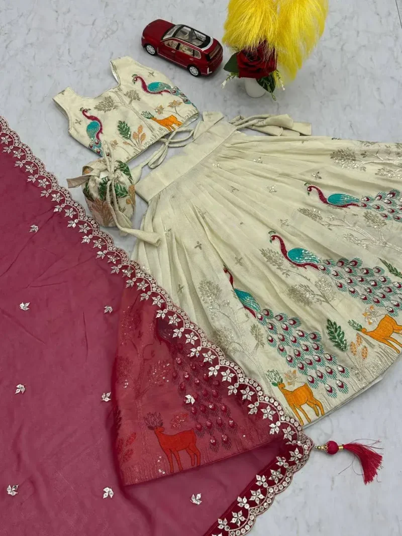 Peacock Design Thread Sequence Embroidered Kids Wedding Lehenga With Purse