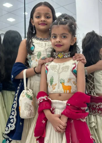 Peacock Design Thread Sequence Embroidered Kids Wedding Lehenga With Purse