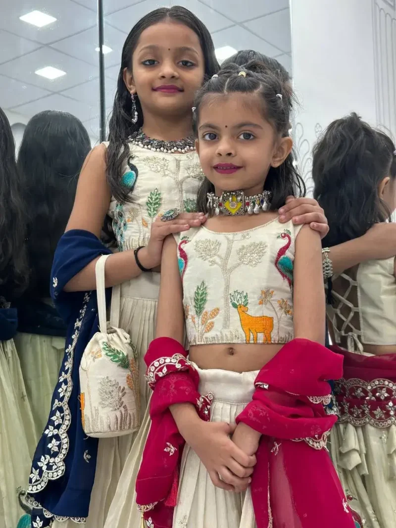 Peacock Design Thread Sequence Embroidered Kids Wedding Lehenga With Purse