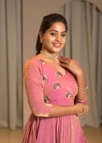 Pink Designer Hand Work Coat Style Tissue Silk Gown With Dupatta