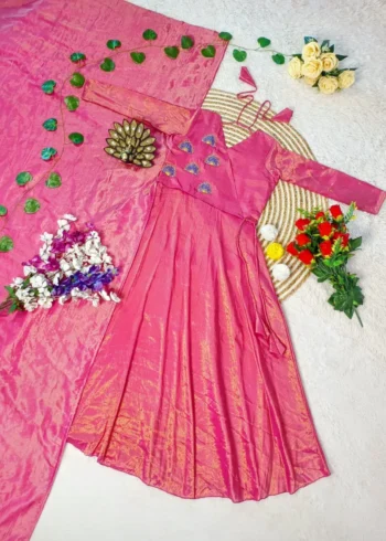 Pink Designer Hand Work Coat Style Tissue Silk Gown With Dupatta