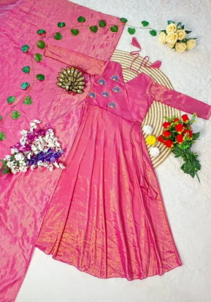 Pink Designer Hand Work Coat Style Tissue Silk Gown With Dupatta