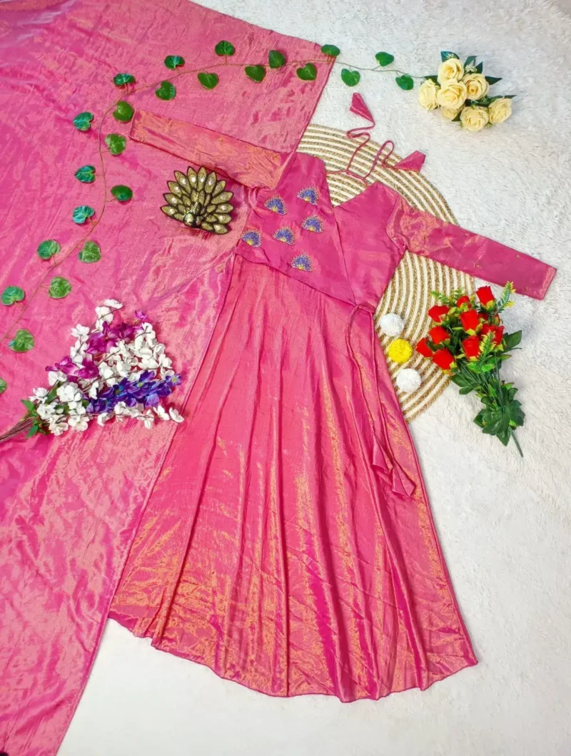 Pink Designer Hand Work Coat Style Tissue Silk Gown With Dupatta