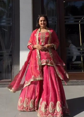 Pink Designer Party Wear Top Palazzo & Dupatta Set