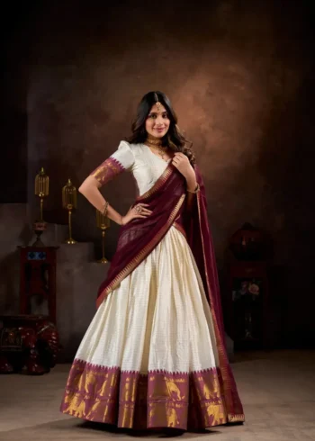 Poly Cotton Chex and Zari Weaving Work South Indian Half Saree Lehenga