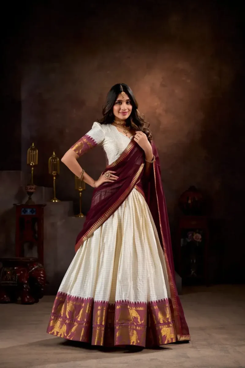 Poly Cotton Chex and Zari Weaving Work South Indian Half Saree Lehenga