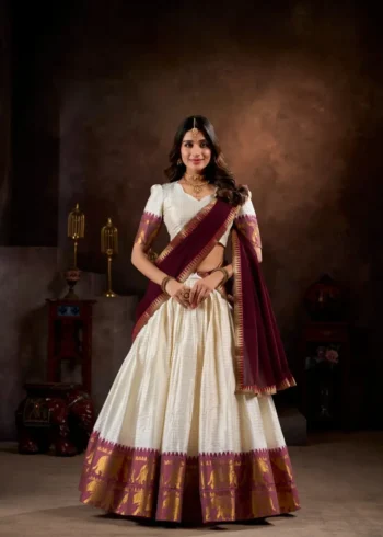 Poly Cotton Chex and Zari Weaving Work South Indian Half Saree Lehenga