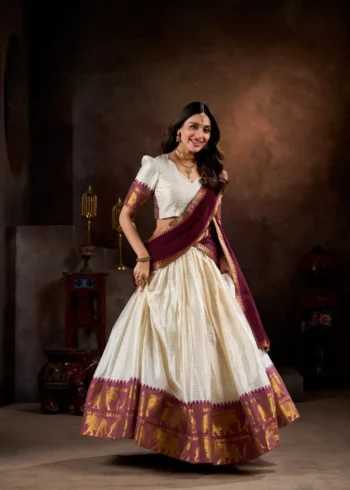 Poly Cotton Chex and Zari Weaving Work South Indian Half Saree Lehenga