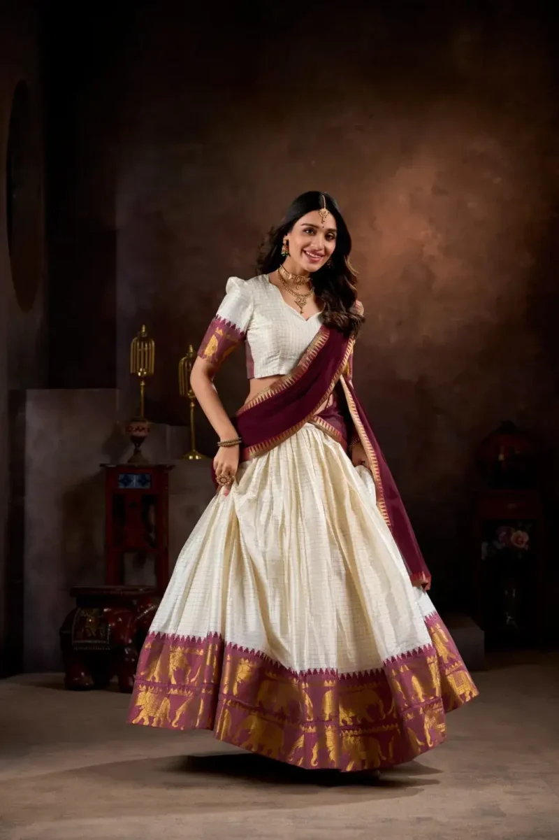 Poly Cotton Chex and Zari Weaving Work South Indian Half Saree Lehenga
