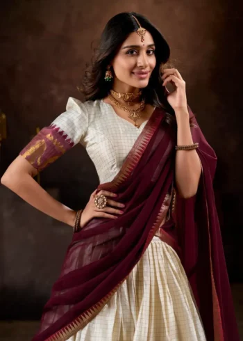 Poly Cotton Chex and Zari Weaving Work South Indian Half Saree Lehenga