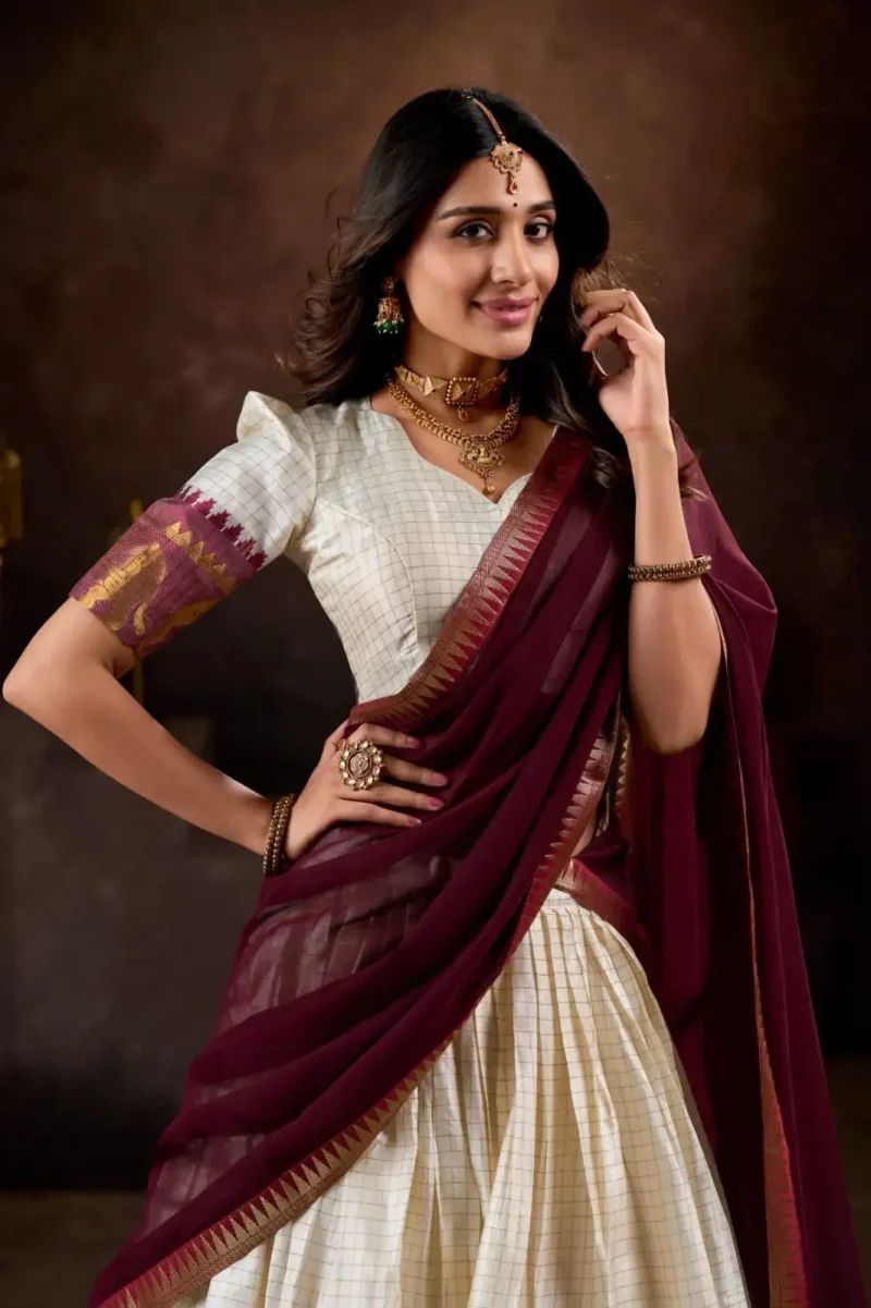 Poly Cotton Chex and Zari Weaving Work South Indian Half Saree Lehenga