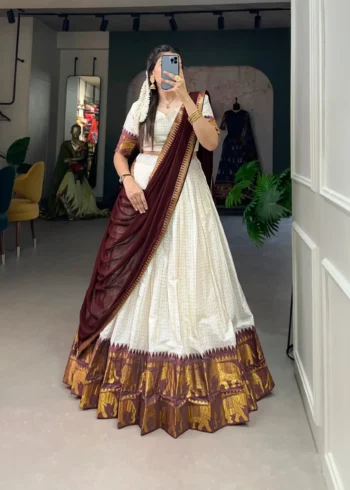 Poly Cotton Chex and Zari Weaving Work South Indian Half Saree Lehenga