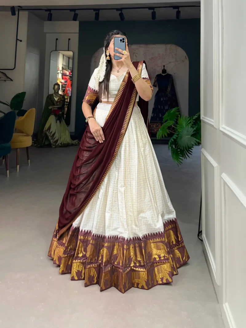 Poly Cotton Chex and Zari Weaving Work South Indian Half Saree Lehenga