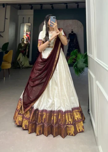 Poly Cotton Chex and Zari Weaving Work South Indian Half Saree Lehenga