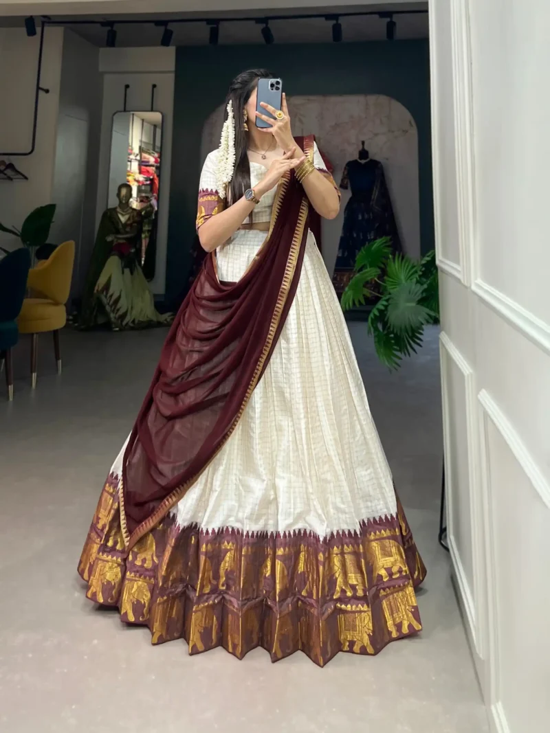 Poly Cotton Chex and Zari Weaving Work South Indian Half Saree Lehenga