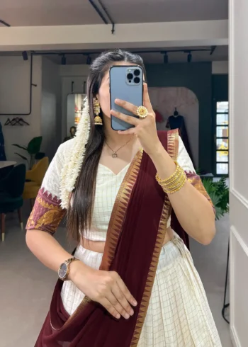 Poly Cotton Chex and Zari Weaving Work South Indian Half Saree Lehenga