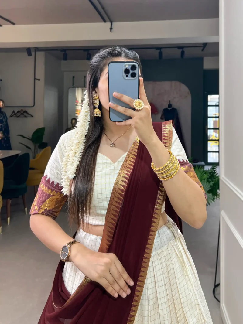 Poly Cotton Chex and Zari Weaving Work South Indian Half Saree Lehenga