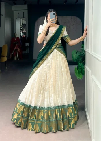 Poly Cotton Chex and Zari Weaving Work South Indian Half Saree Lehenga - Image 15