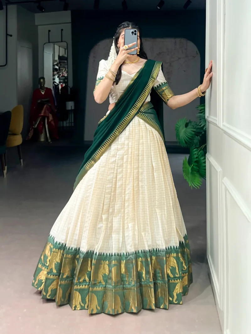Poly Cotton Chex and Zari Weaving Work South Indian Half Saree Lehenga - Image 15