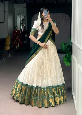 Poly Cotton Chex and Zari Weaving Work South Indian Half Saree Lehenga - Image 6