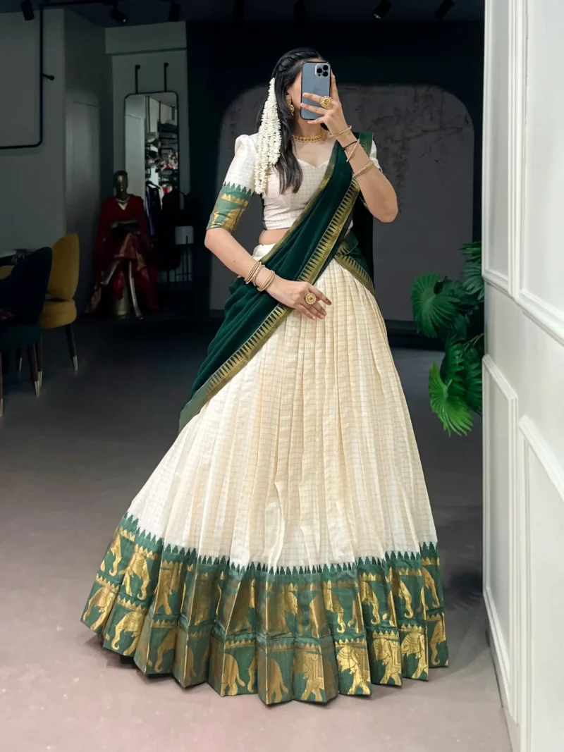 Poly Cotton Chex and Zari Weaving Work South Indian Half Saree Lehenga - Image 6