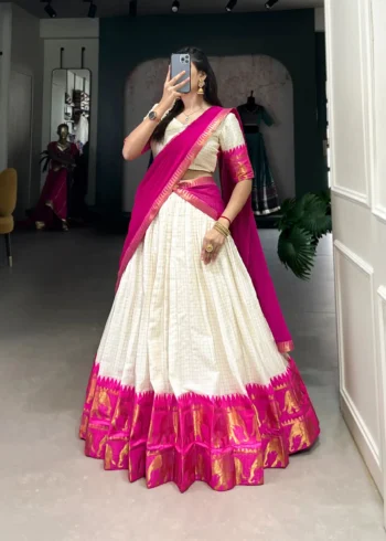 Poly Cotton Chex and Zari Weaving Work South Indian Half Saree Lehenga - Image 8