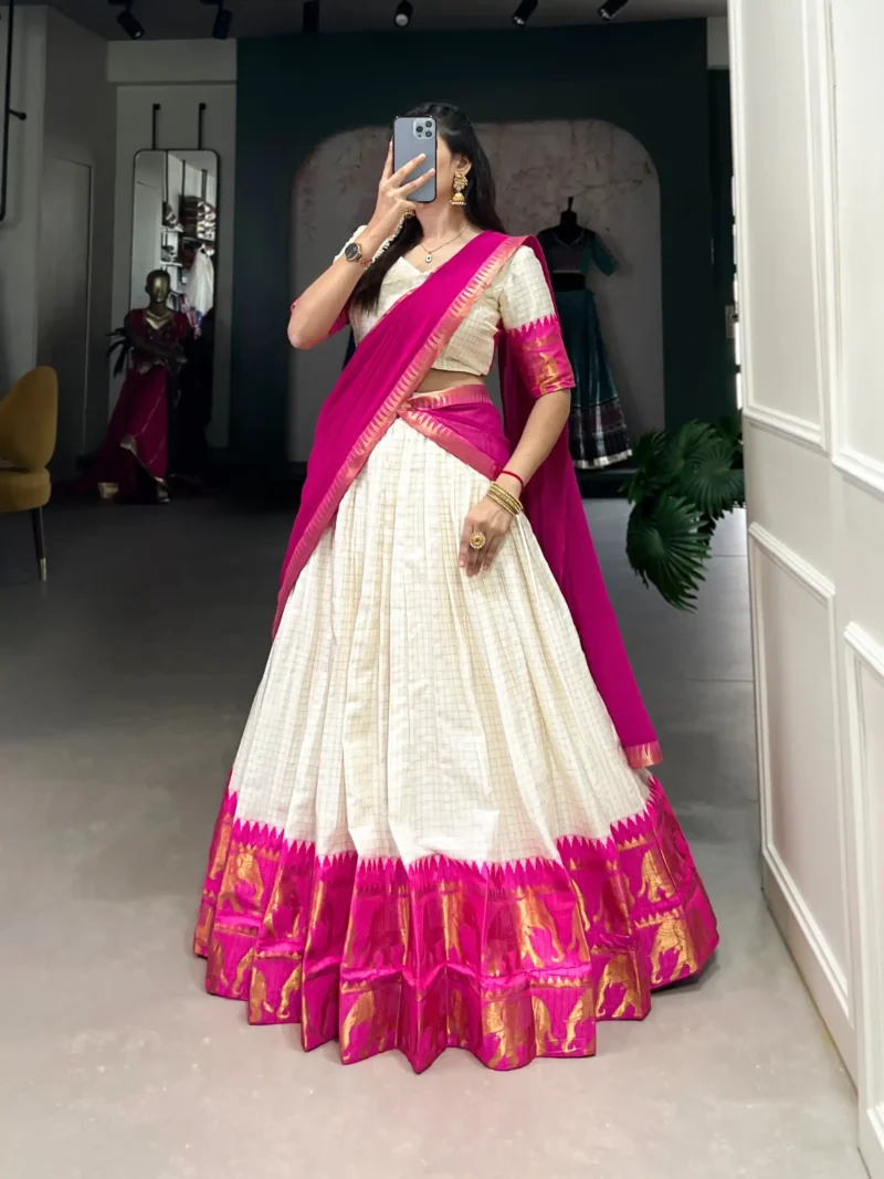 Poly Cotton Chex and Zari Weaving Work South Indian Half Saree Lehenga - Image 8