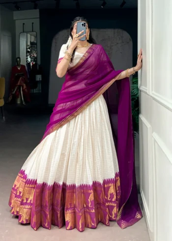 Poly Cotton Chex and Zari Weaving Work South Indian Half Saree Lehenga - Image 9