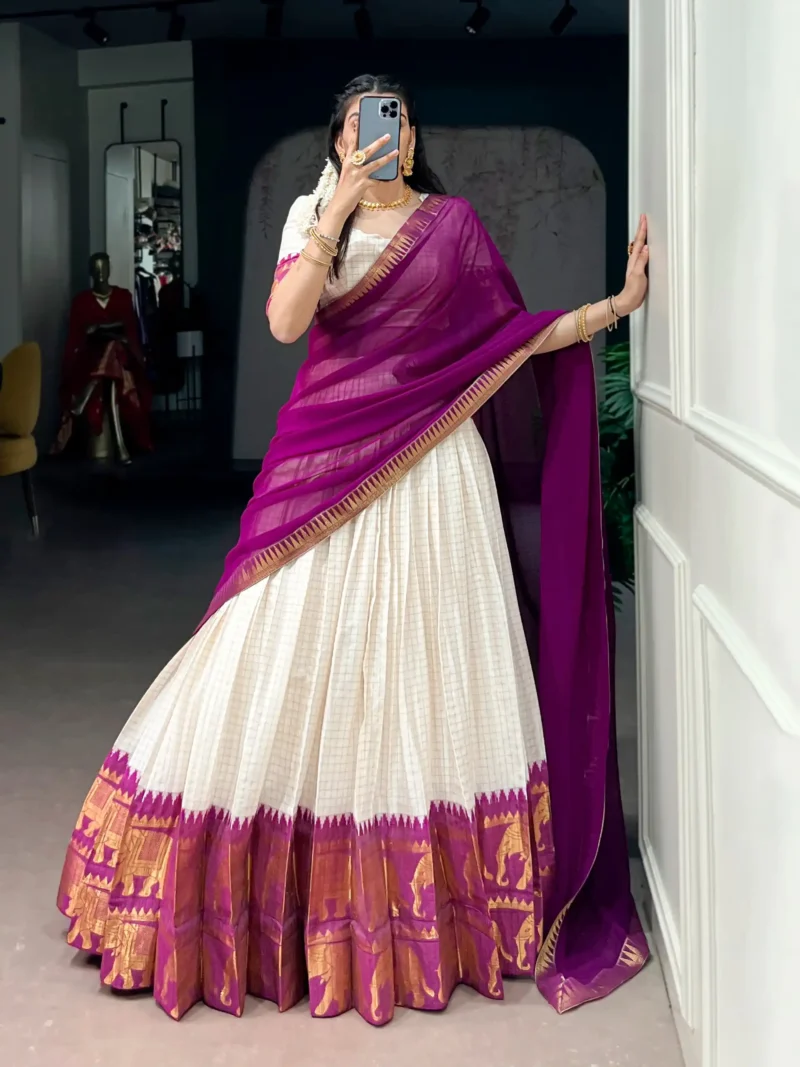 Poly Cotton Chex and Zari Weaving Work South Indian Half Saree Lehenga - Image 9