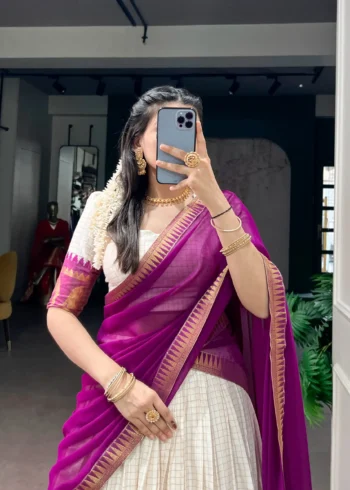 Poly Cotton Chex and Zari Weaving Work South Indian Half Saree Lehenga - Image 10