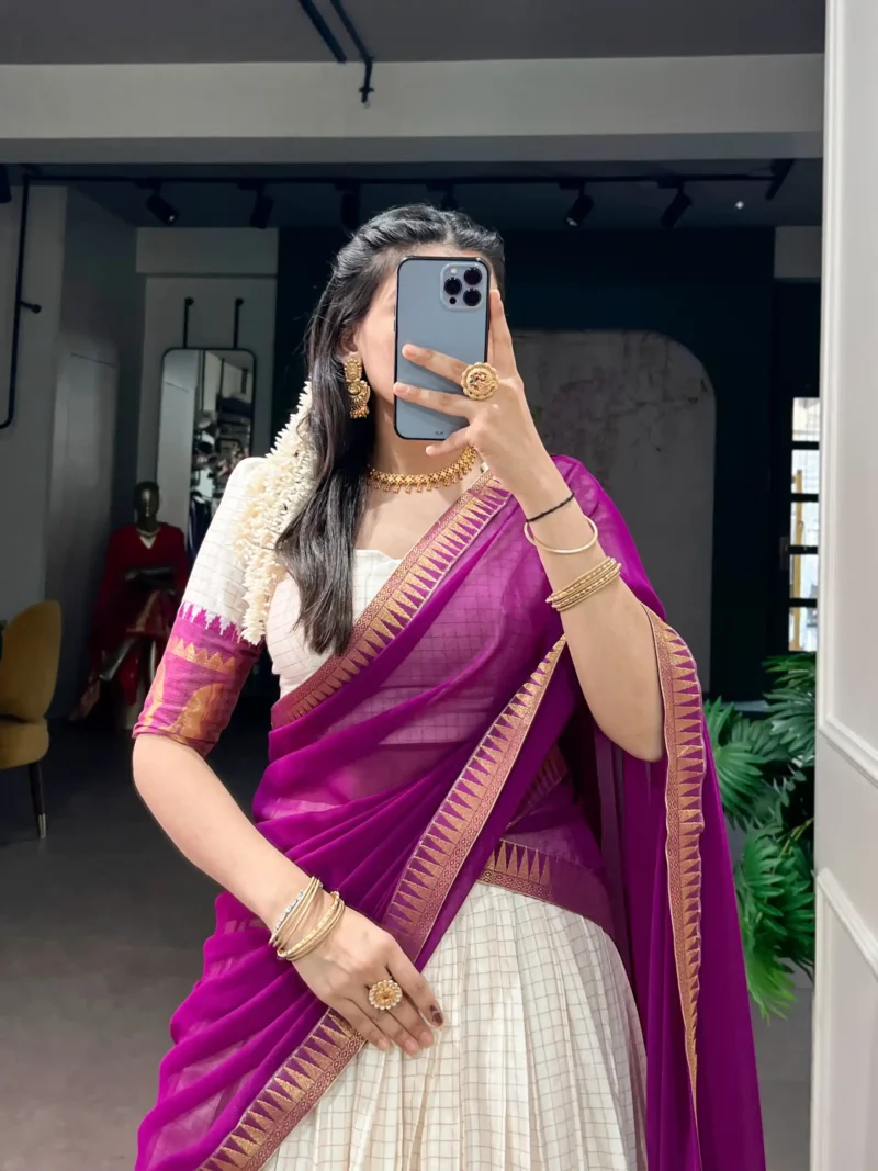 Poly Cotton Chex and Zari Weaving Work South Indian Half Saree Lehenga - Image 10
