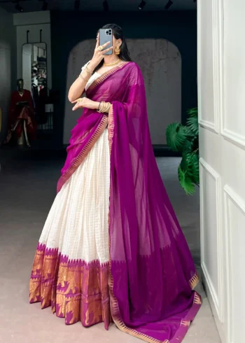 Poly Cotton Chex and Zari Weaving Work South Indian Half Saree Lehenga - Image 11