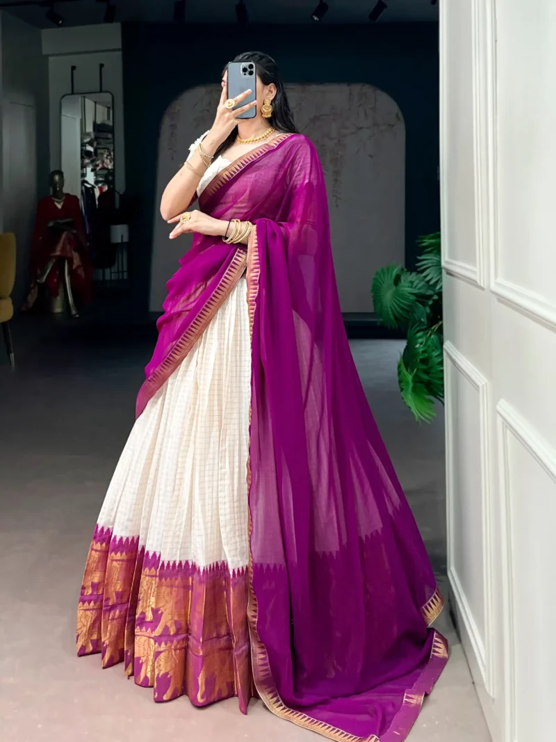 Poly Cotton Chex and Zari Weaving Work South Indian Half Saree Lehenga - Image 11