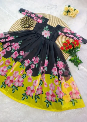 Premium Soft Organza Digital Printed Partywear Midi Dress Frock