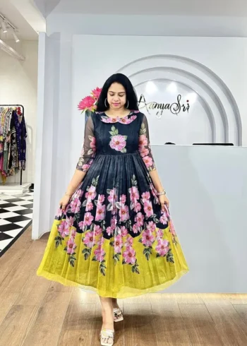 Premium Soft Organza Digital Printed Partywear Midi Dress Frock