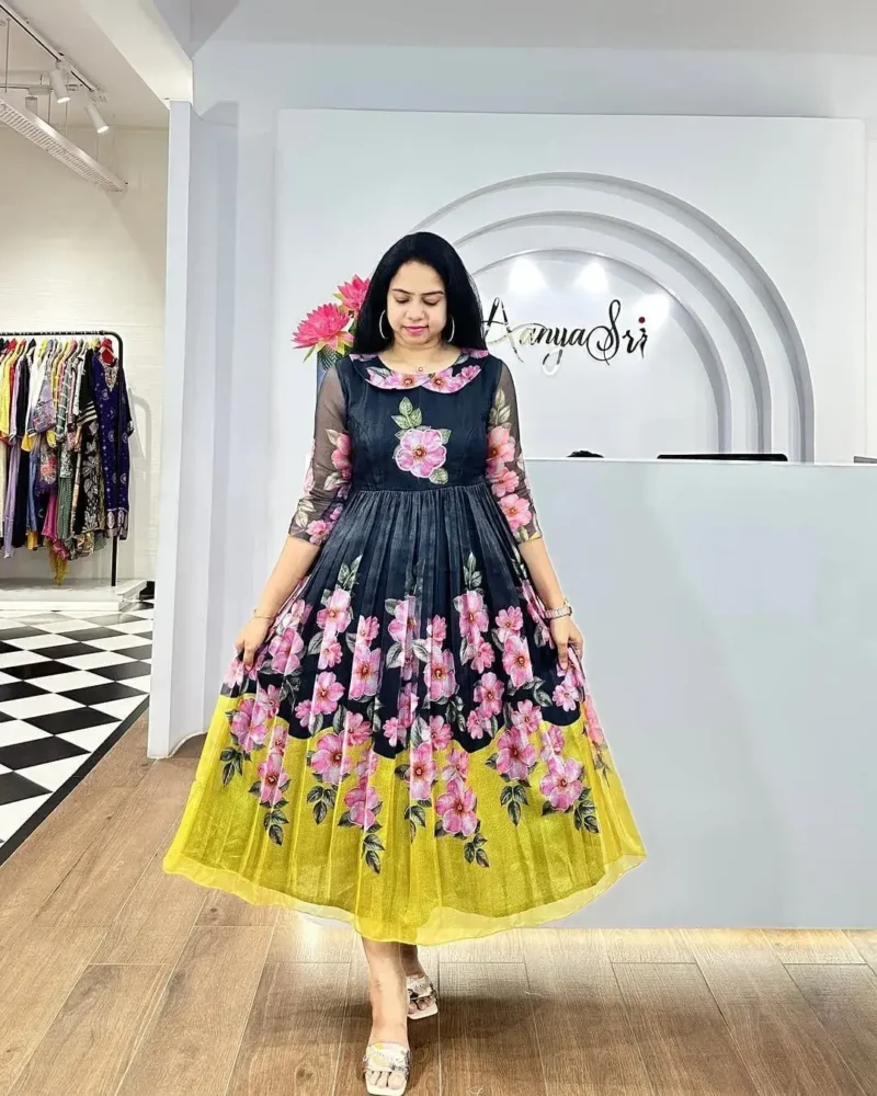 Premium Soft Organza Digital Printed Partywear Midi Dress Frock