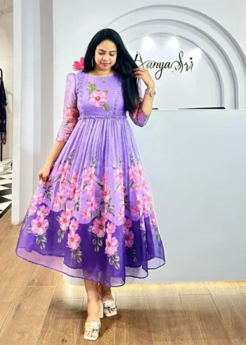 Premium Soft Organza Digital Printed Partywear Midi Dress Frock